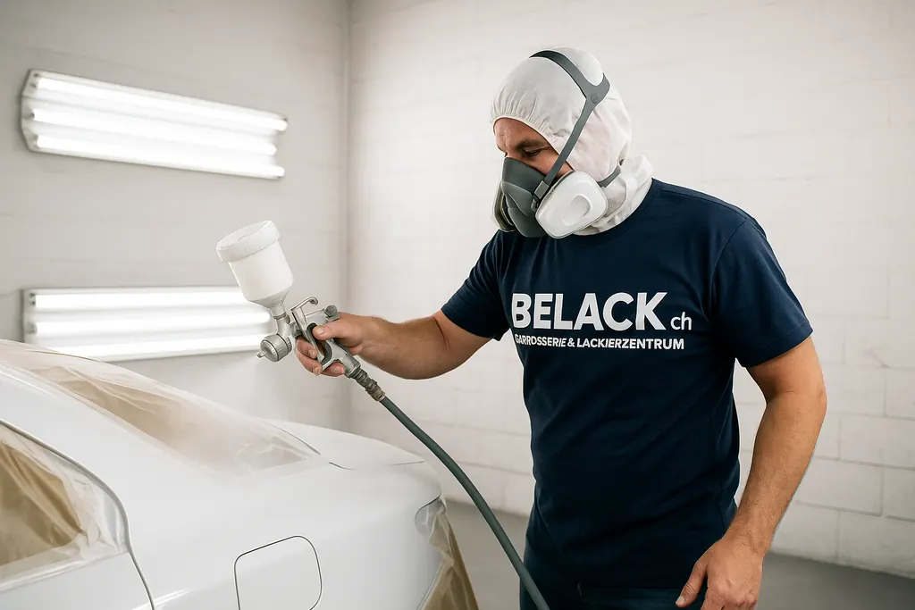 Lackierer von Belack lackiert ein Fahrzeug in der Lackierkabine in Jegenstorf